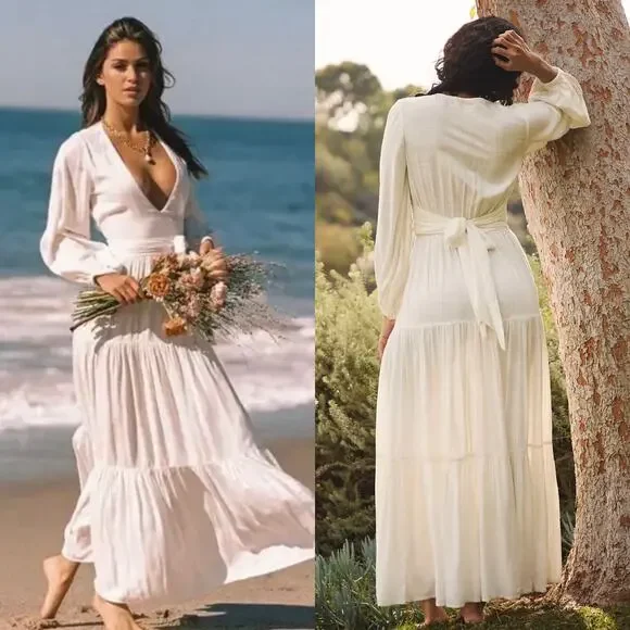 L*SPACE Hanna Balloon Long Sleeve Tiered Maxi Dress In Cream Size Large New - Picture 2 of 15